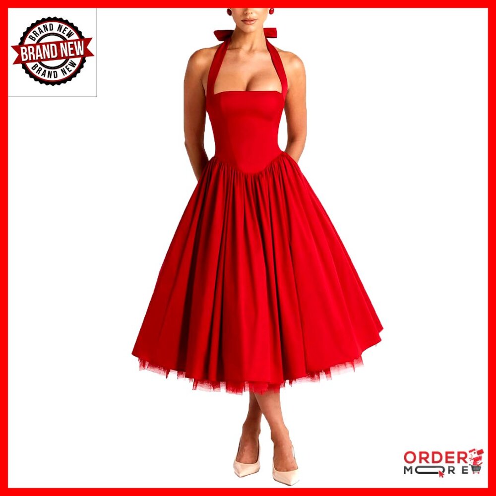 Halter A-Line Tulle Dress Elegant Formal Swing Corset Tea Length Flowy